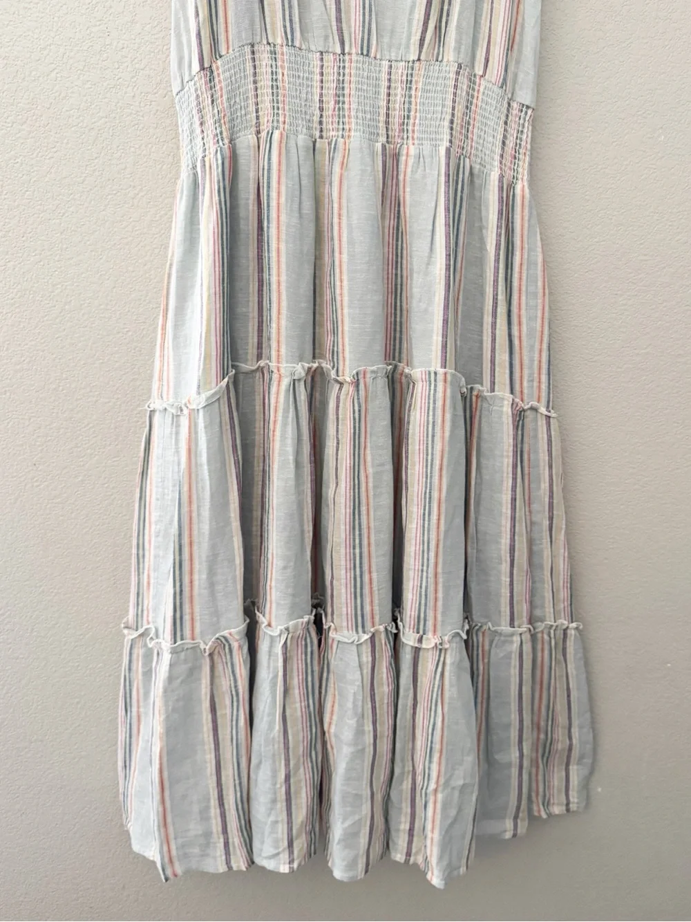 Rails Amelia Smocked Tiered Empire Midi Dress Large Sag Harbour Linen Stripe - Picture 6 of 11